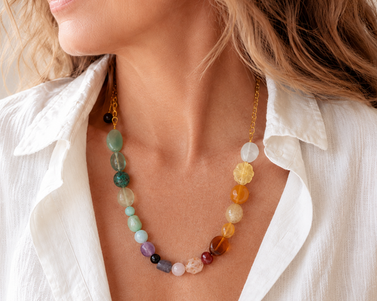 Multicolored beaded necklace worn by a person with a white shirt